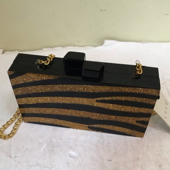 Lulu NYC NEW Zebra Acrylic Box Clutch Glitter Crossbody Shoulder Bag Gold Black - Picture 12 of 16